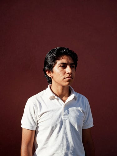 Candid portrait of a young Mexican activist in Aguascalientes, warm natural side-light, dramatic shadows, deep maroon tones, 35mm film grain, minimalist editorial style.