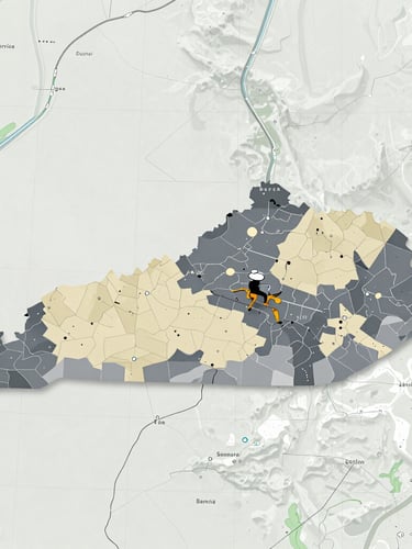 Detailed topographical map of Kentucky with highlighted service regions, clean technical style, cool slate and natural tones.
