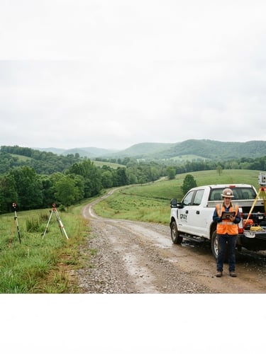 Wide panoramic Kentucky landscape at bright overcast daylight, a GRAY ENGINEERING branded fleet vehicle parked on a dirt road, surveying equipment visible, engineer in workwear reviewing a tablet, low horizon.