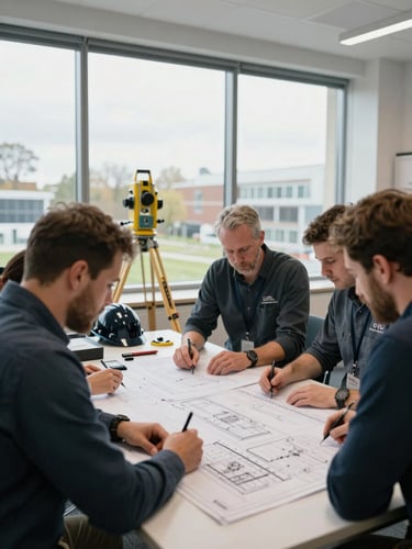 Interior shot of the GRAY ENGINEERING AND DESIGN LLC office in London, Kentucky, showing engineers reviewing blueprints at a large table under natural window light, with surveying equipment visible in the background, a branded hardhat on a desk. crisp documentary photography, bright overcast daylight, cool slate and natural tones, sharp focus, 35mm lens