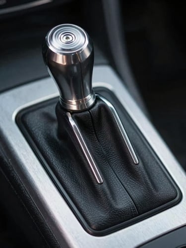 Technical straight-on close-up of a gated manual shifter in an aluminum console, moody low-key workshop lighting, sharp focus on the metallic gates, dark shadows.