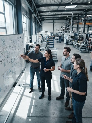 Operations team collaborating on a whiteboard in a modern manufacturing facility, bright natural daylight, crisp shadows, cool desaturated tones, wide-angle lens