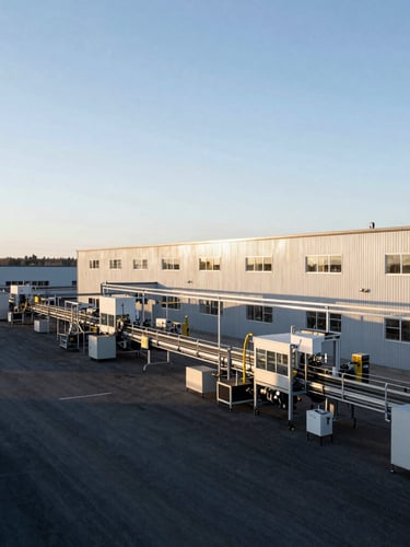 Wide panoramic of a modern, clean Canadian manufacturing facility at dawn, production lines visible, cool desaturated tones, deep navy shadows, natural light, no people visible