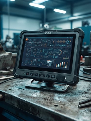 Macro shot of a rugged industrial tablet displaying a technical interface on a steel factory workbench, cool ambient factory lighting, deep navy and teal tones, sharp details, 35mm