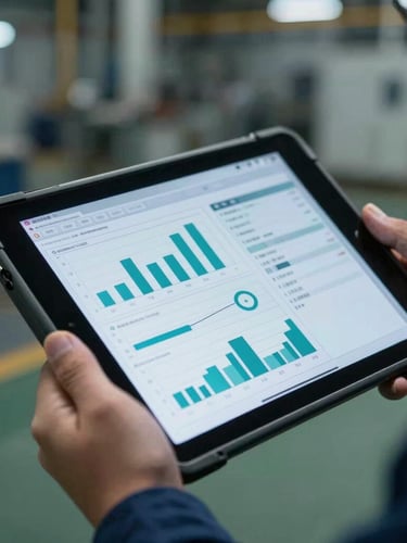 Macro close-up of a rugged industrial tablet held by a worker on a factory floor, showing a clean technical software interface with teal charts, cool ambient factory lighting, sharp shadows, 35mm