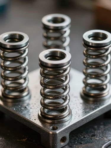 Macro close-up of heavy-duty steel torsion springs and clean mechanical brackets in high-contrast garage lighting.