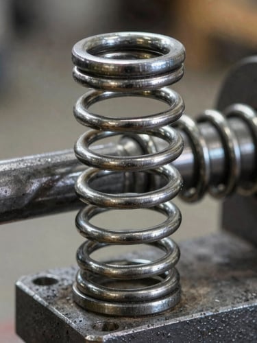 Macro detail shot of a heavy-duty steel torsion spring mounted on a metal shaft, crisp high-contrast garage lighting highlighting the metallic coils.