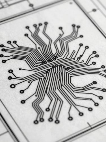 Extreme close-up of a high-contrast black and white technical blueprint showing micro-circuit traces, clean lines, architectural precision