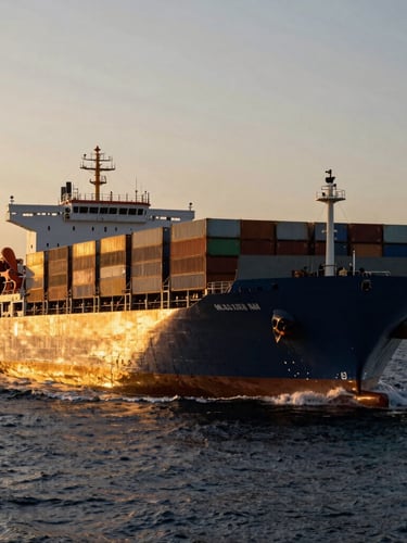 Extreme wide shot of a massive container vessel cutting through deep ocean water at twilight, dramatic low-key golden hour lighting, no text.