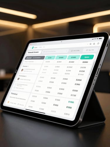 Macro shot of a high-end tablet displaying a clean real estate data dashboard, sleek modern dark office interior background, warm gold ambient glow, sharp focus