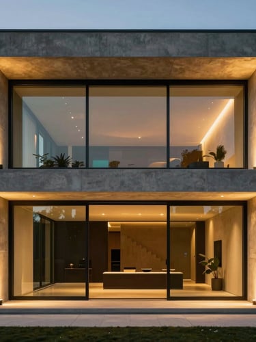Sleek modern architectural villa exterior at dusk, sharp symmetrical concrete lines, warm gold ambient lighting from floor-to-ceiling windows, deep shadows, 35mm lens