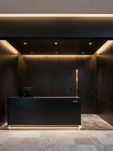 Sleek modern architectural interior of a luxury real estate brokerage office in Madrid, high-contrast dark lighting, subtle gold ambient glows, sharp 35mm lens
