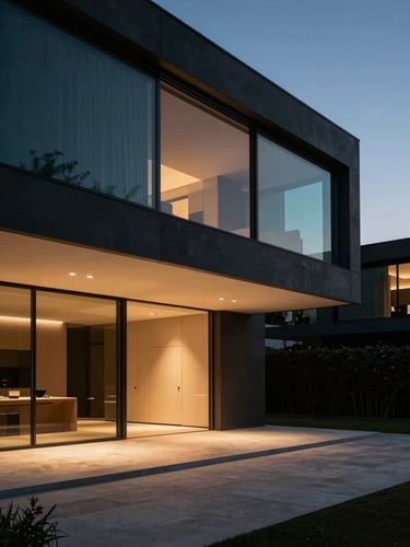 Sleek modern architectural interior of a luxury villa in Madrid, high-contrast twilight lighting, subtle warm gold ambient glows, sharp 35mm photography