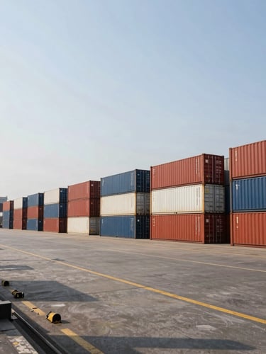Wide panoramic view of a Mumbai container terminal at midday, stacked shipping containers receding into the right third, open dock foreground with clear sightlines, natural port daylight