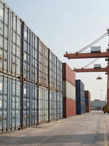 Wide environmental shot of a container terminal at daylight — rows of stacked steel containers receding into the distance on the left, a gantry crane arm visible upper right, clear sky, documentary framing from ground level