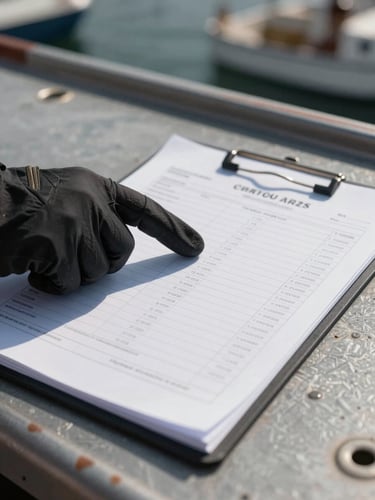 Close-up of a cargo manifest document laid flat on a steel dock surface, a gloved hand pointing to container reference numbers, natural port daylight, shallow depth of field