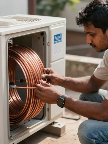 Medium shot of a technician safely extracting copper coils from an old AC outdoor unit on a bright Hyderabad afternoon, natural daylight, focus on the copper tubes.