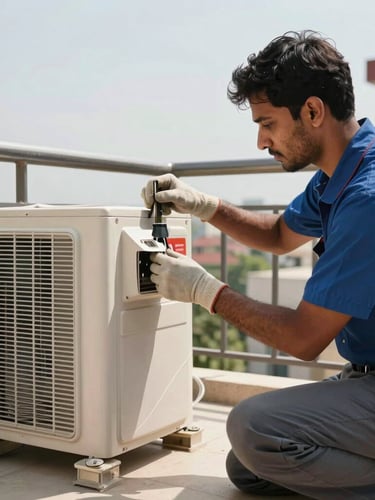 A professional technician safely uninstalling an AC outdoor unit from a residential balcony in Hyderabad, bright daylight, action shot.