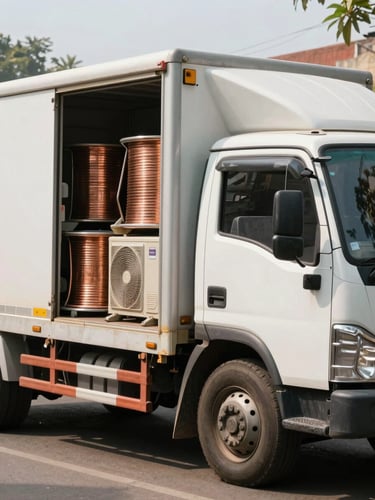 Medium shot of a clean local transport truck parked on a bright, sunlit Hyderabad street, side door open showing safely secured copper coils and old AC units, natural daylight.
