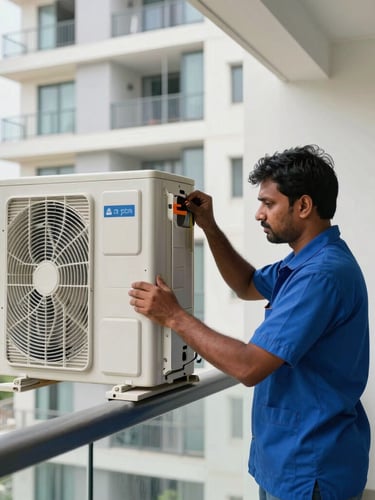 Bright daylight medium shot of a technician in a blue uniform carefully unmounting a split AC outdoor unit from a modern Hyderabad apartment balcony.
