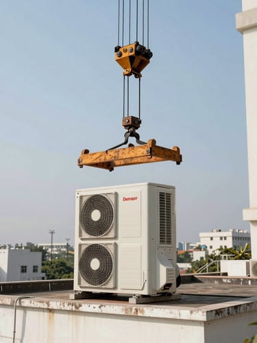 A heavy crane lifting a large commercial air conditioning chiller unit from an office building roof in Gachibowli, Hyderabad, bright daylight