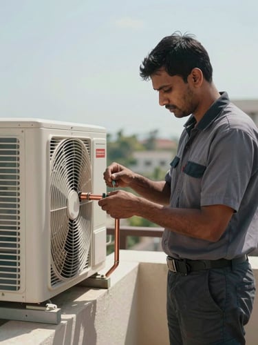A medium shot of a professional technician in uniform safely unscrewing a copper pipe from a split AC outdoor unit on a sunny Hyderabad balcony, bright natural daylight, clear sky.