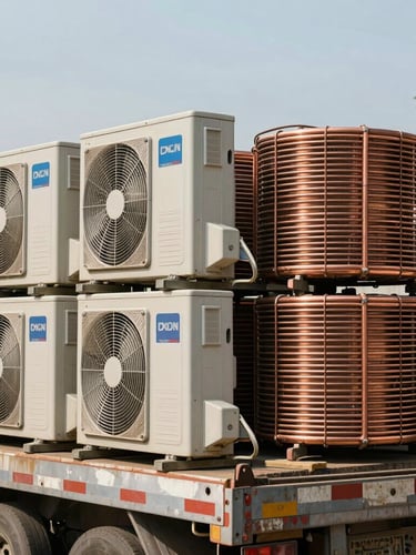 A stack of decommissioned outdoor AC units and copper coils on a transport truck in bright daylight in Hyderabad, medium shot.
