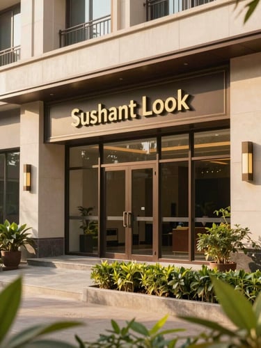 Warm editorial photograph of a modern premium independent floor facade in Sushant Lok, clean architectural lines, manicured greenery, bright natural Indian sunlight.