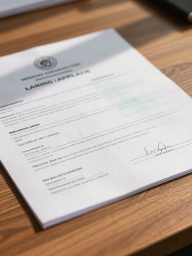 A close-up of legal land title documents and municipal approval stamps on a warm wooden desk, soft natural Indian sunlight casting long shadows.