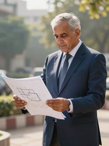 A sharp, warm editorial portrait of a senior real estate advisor in a navy suit reviewing architectural blueprints on-site in Gurgaon, bright natural sunlight, shallow depth of field.