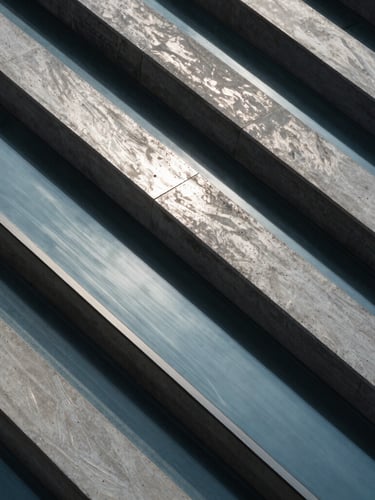 Extreme close-up of architectural concrete and glass lines, cool-toned lighting with sharp silver reflections, high-angle perspective.