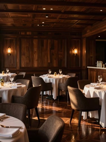 Architectural wide angle of an empty luxury restaurant dining room, pristine table settings with crystal glasses, warm golden hour light reflecting on dark polished wood, elegant editorial photography, 35mm