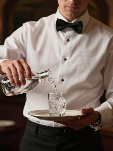 Elegant editorial photography of a professional server in a crisp white uniform pouring sparkling water, warm dramatic low-key lighting, shallow depth of field, 35mm.