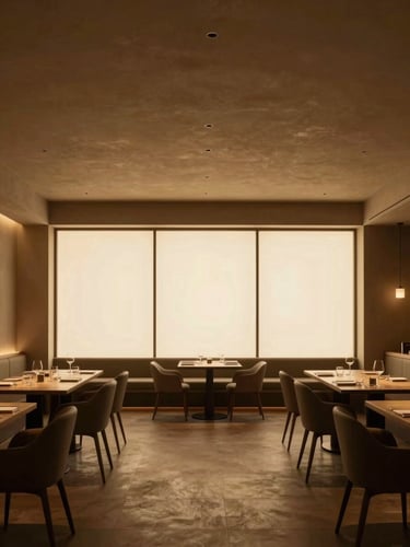 Minimalist architectural wide angle of an empty luxury restaurant interior before service, soft diffused window light, warm golden tones, 35mm.