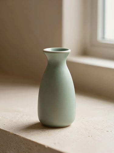 Close-up of a minimalist ceramic cold-diffusion nebulizer, sage green color, on a cream-colored stone surface, soft morning light from a window, elegant and serene, 35mm.