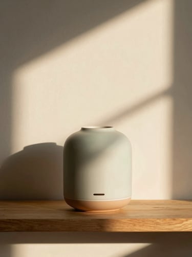 A minimalist ceramic diffuser sitting on a wooden shelf, warm golden-hour window shadows casting elegant lines, soft natural lighting, 35mm