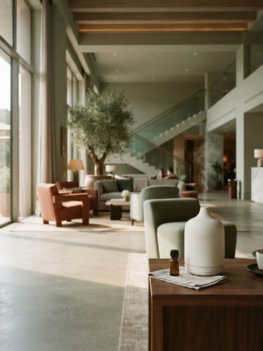 Elegant hotel lobby with soft morning light, a minimalist ceramic diffuser on a dark wood table to the right, expansive, serene atmosphere.