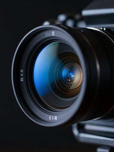 Extreme close-up of an anamorphic cinema lens catching a sharp cool-toned electric blue flare, dark metallic camera rig body, low-key dramatic studio lighting