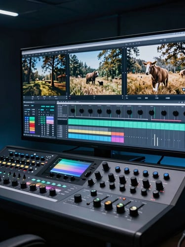 High-end post-production color grading suite, dark room with cool blue ambient light, large reference monitor showing high-contrast wildlife footage, colorist control panel with dials