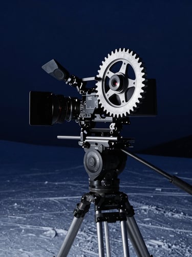Low-key behind-the-scenes shot of a high-end cinema camera rig mounted on a tripod in a frozen mountain landscape, metallic silver gear catching cool rim light, deep navy shadows.
