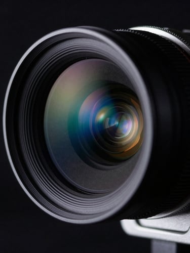 Extreme close-up of an anamorphic cinema lens catching a subtle electric blue flare, metallic silver housing, low-key dramatic studio lighting