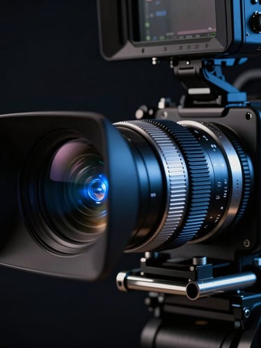 Extreme close-up of a high-end cinema camera rig, anamorphic lens catching cool blue flares, metallic silver accents, low-key studio lighting, dark background