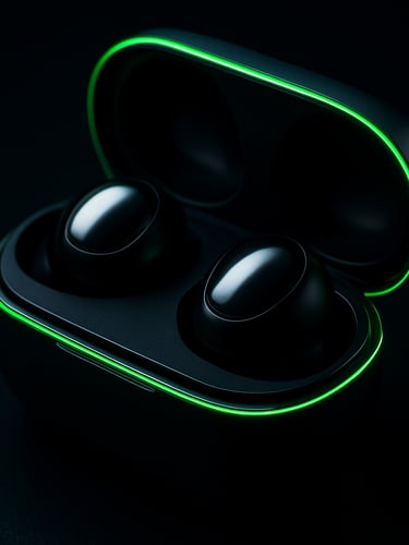 Sleek close-up macro shot of premium wireless earbuds in their charging case, moody high-contrast studio lighting with neon green rim lights, deep obsidian background, 8k resolution