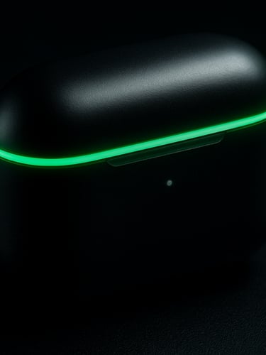 Sleek close-up macro shot of a black wireless earbud charging case, moody high-contrast studio lighting, neon-green rim light, dark obsidian background, 8k resolution