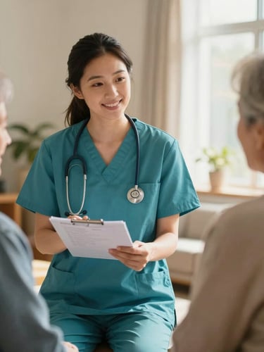 A medium environmental portrait of a compassionate female nurse in teal scrubs explaining a health chart to an elderly patient in a sunlit Ohio community center, warm natural daylight, shallow depth of field.