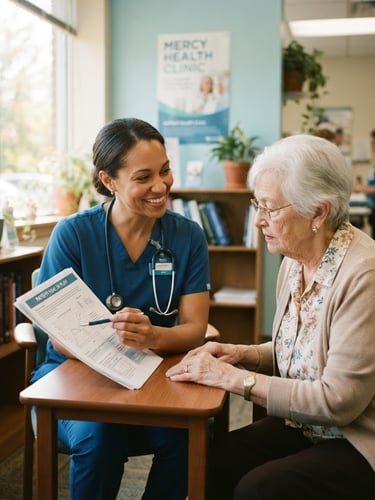 Medium environmental portrait of a compassionate female nurse explaining a health chart to an elderly patient in a bright, sunlit community clinic in Ohio, authentic editorial photography, warm soft blue and teal tones, 35mm.