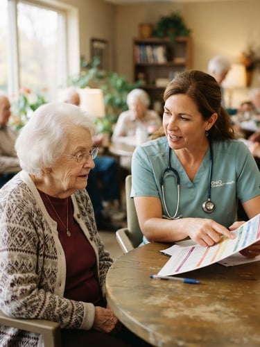 A warm environmental portrait of an Ohio nurse in a soft teal uniform gently explaining a health chart to an elderly senior patient in a bright, sunlit community room, 35mm photography, shallow depth of field.