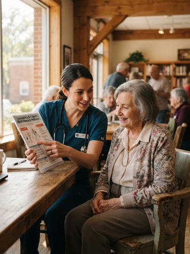 An authentic environmental portrait of a friendly female nurse in teal scrubs explaining a health chart to an elderly patient in a sunlit Ohio community center, warm ambient lighting.