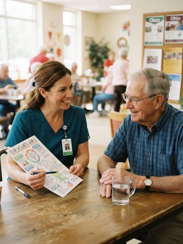 A medium environmental portrait of a friendly female nurse in teal scrubs explaining a wellness chart to an elderly senior man in a bright Ohio community center, warm natural daylight, soft focus background.