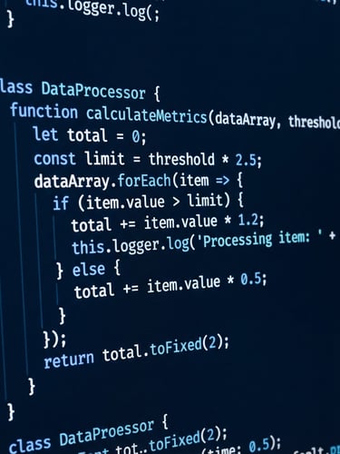 Macro shot of clean, structured code on a high-contrast monitor, cool blue and sharp white tones, architectural precision